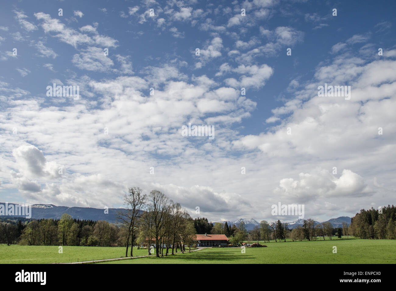 Upper Bavaria at its best - white clouds and blue sky - the clours of the Bavarian flag! Stock Photo