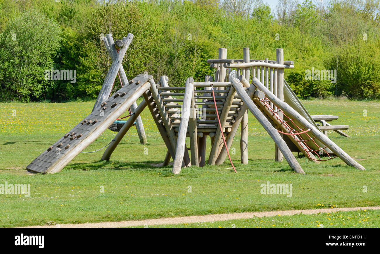 Wooden climbing apparatus in a playground. Stock Photo
