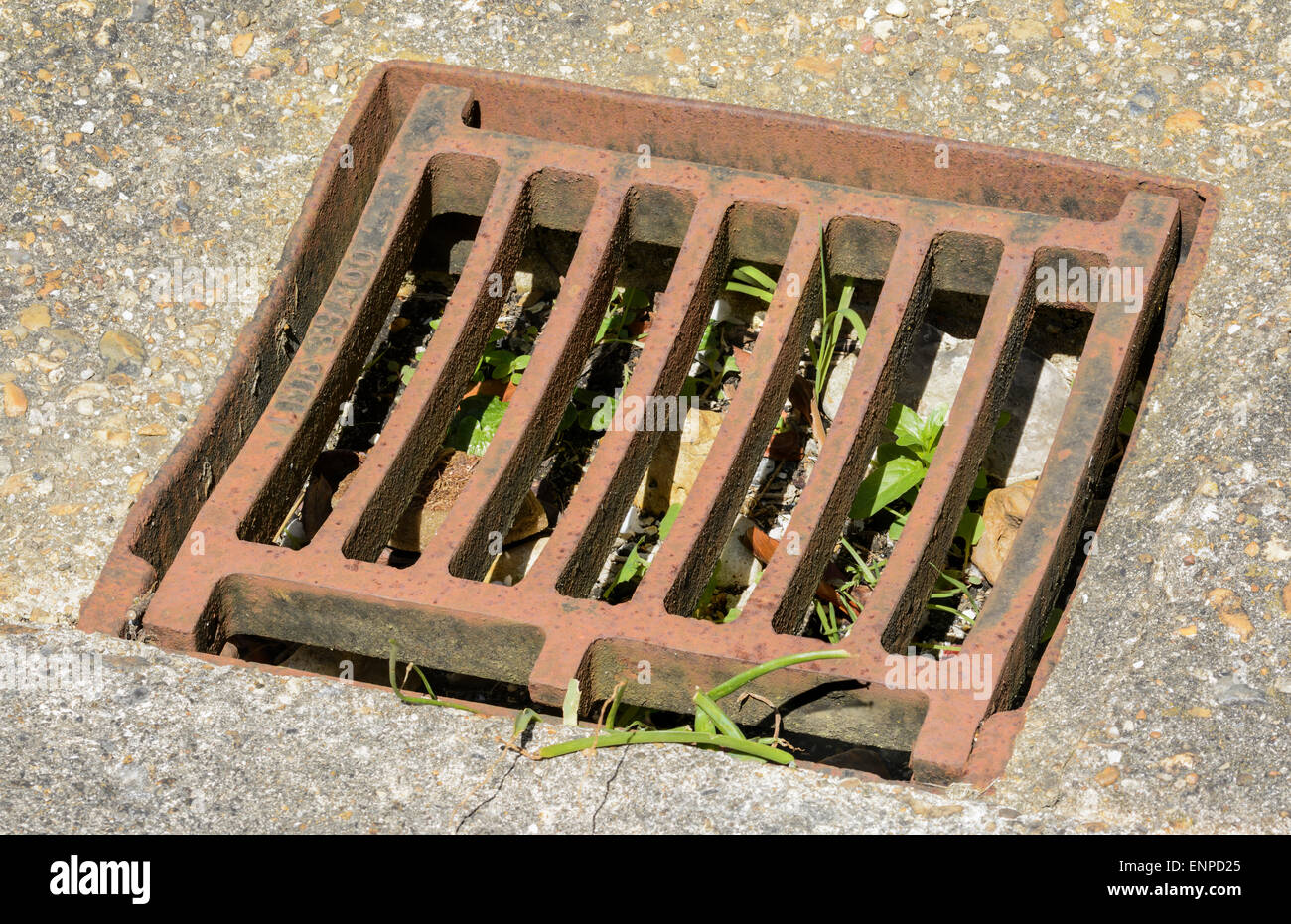 Dried up rusted metallic drain cover. Stock Photo