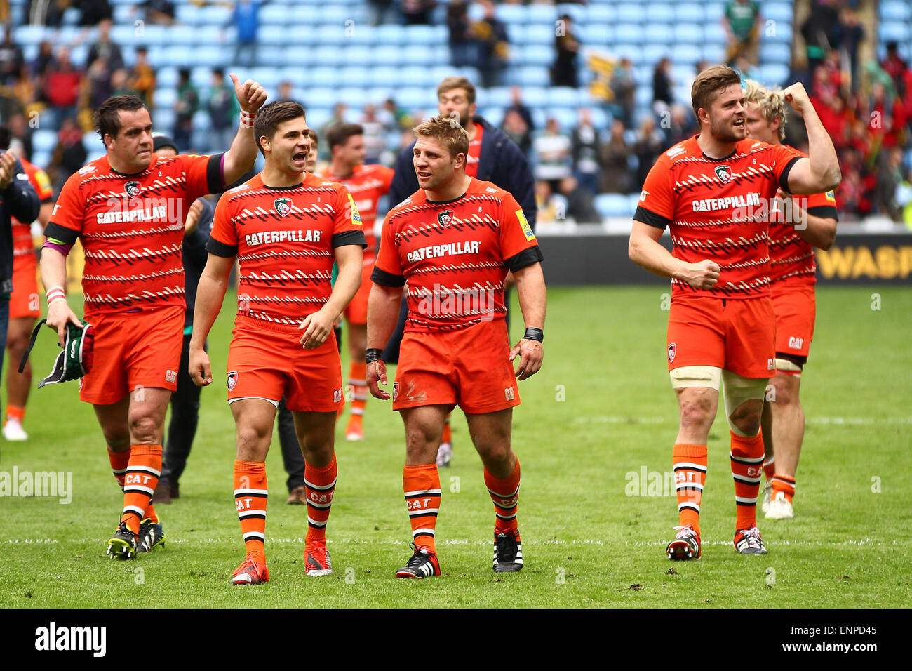 Coventry, UK. 09th May, 2015. Aviva Premiership. Wasps versus Leicester Tigers. Tigers players Marcos Ayerza, Ben Youngs, Tom Youngs, Ed Slater celebrate the victory and thank their travelling supporters. Credit:  Action Plus Sports/Alamy Live News Stock Photo