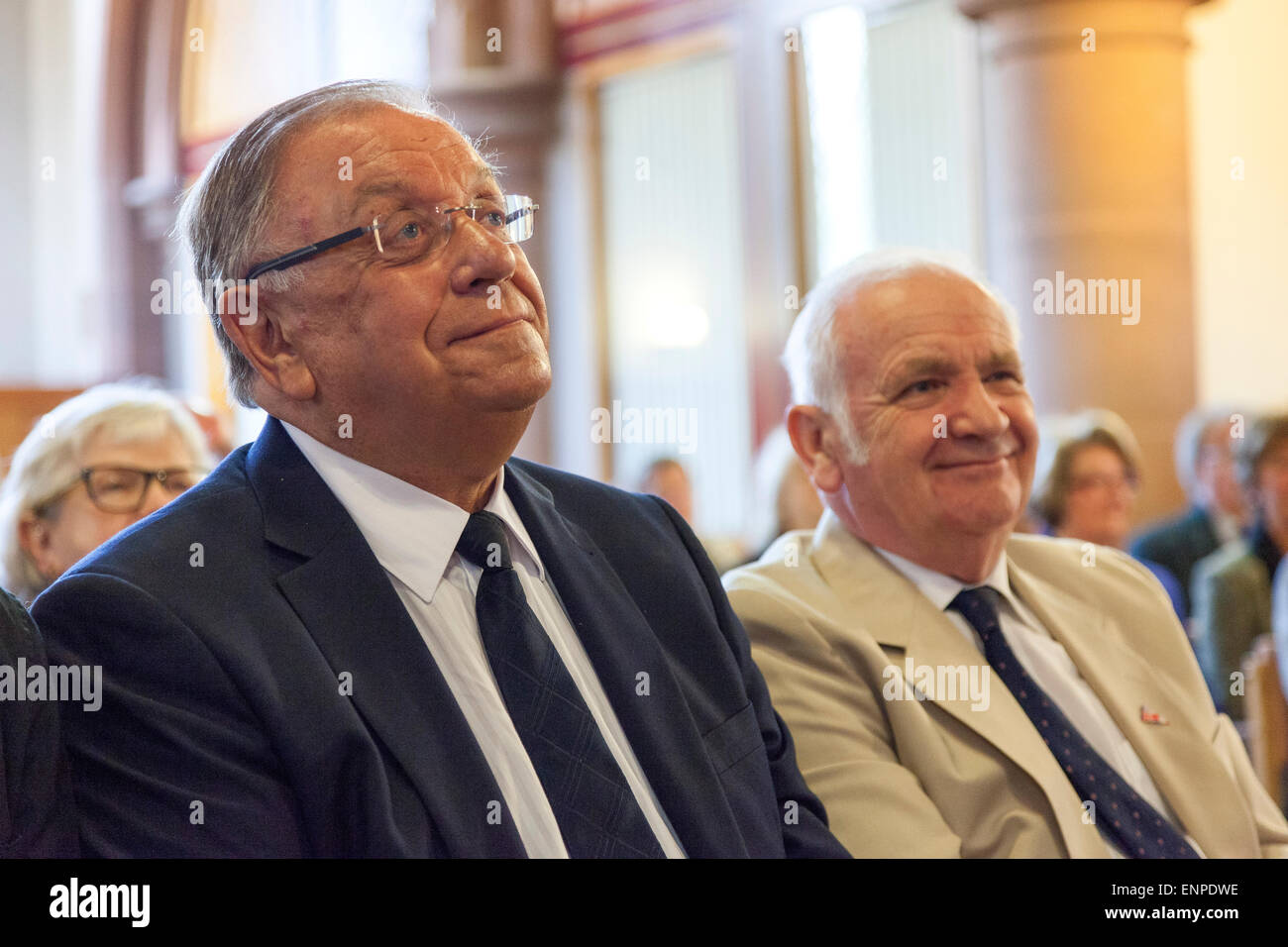 Holy Trinity Church, Chesterton, UK. 8 May 2015. Pete Conway, father of singer Robbie Williams, and Douglas Brock at the Memorial Service for the life of Singer/Songwriter Jackie Trent. Credit:  John Henshall / Alamy Live News PER0554 Stock Photo