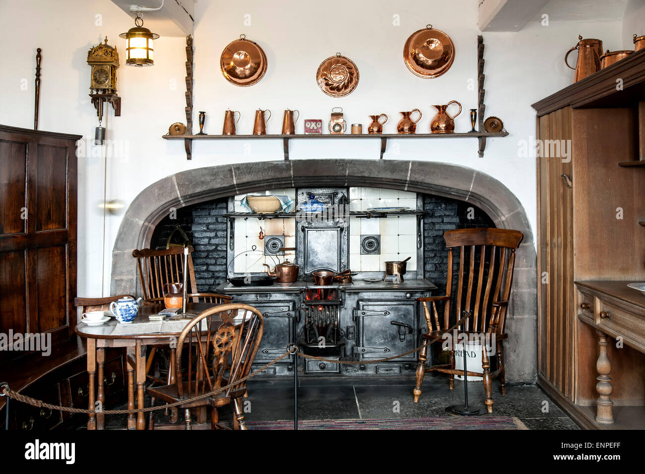 Kitchen and tables, Lindisfarne Castle, Holy Island, England, United Kingdom Stock Photo