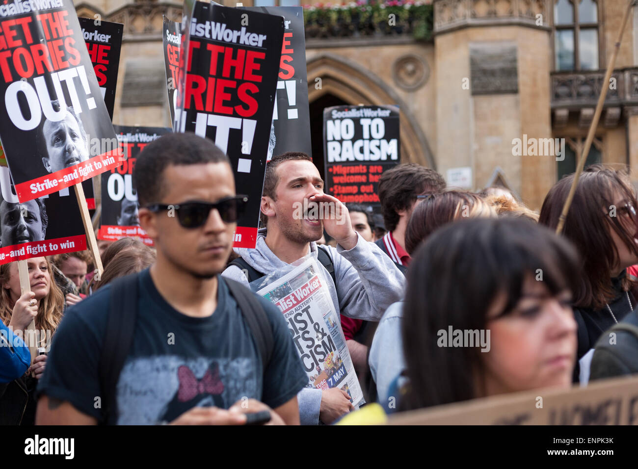 London, UK. 9th May, 2015. Demonstrators gather at the start of an anti-Tory protest in central London, held two days after the UK general election gave David Cameron's Conservative Party - the Tories - a parliamentary majority. The centre-right Conservative Party are now set to govern the UK for the next five years without the need to form a coalition with any other party. Credit:  David Cliff/Alamy Live News Stock Photo