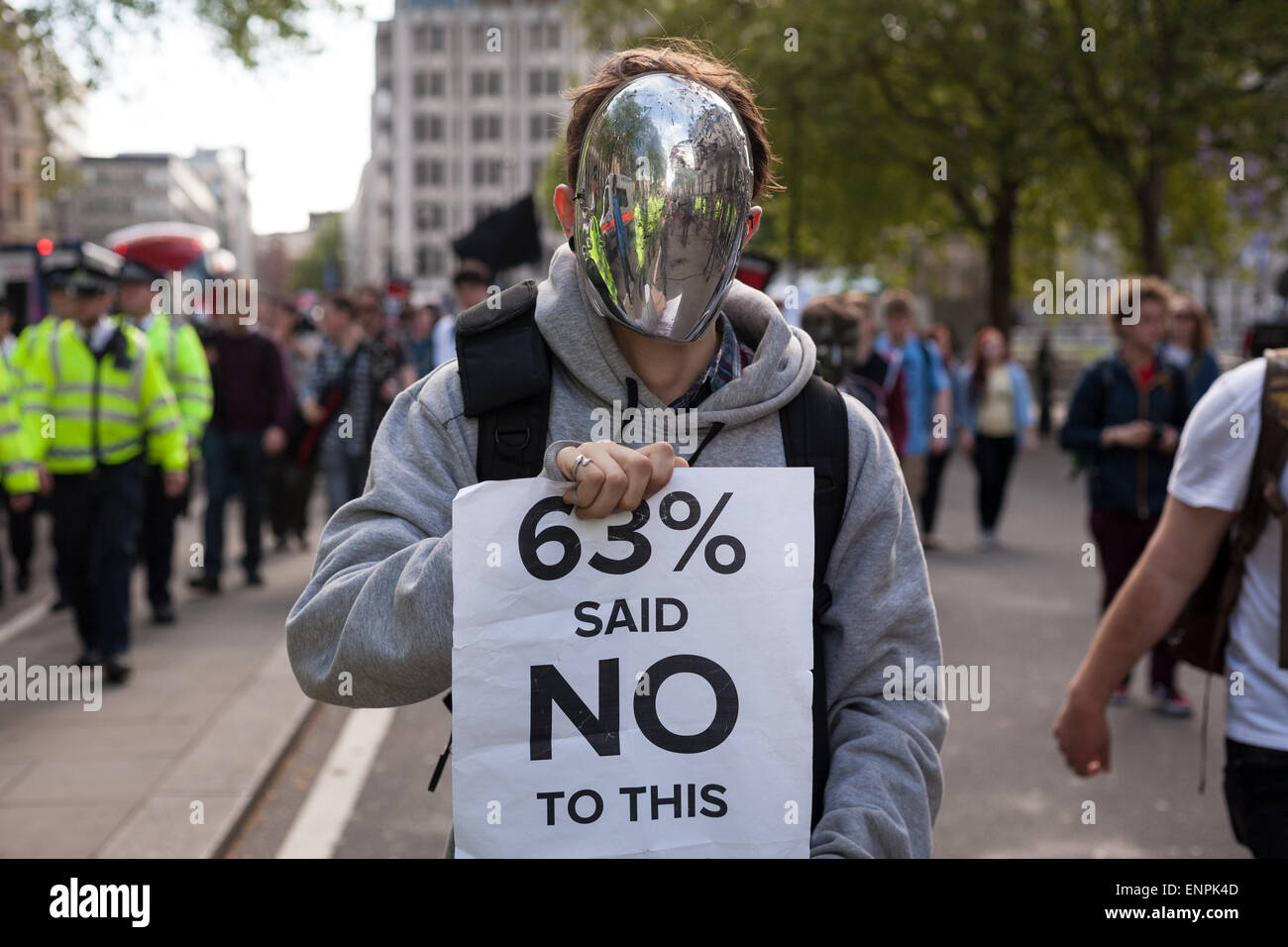 London, UK. 9th May, 2015. Demonstrators take part in an anti-Tory protest held in central London two days after the UK general election gave David Cameron's Conservative Party - the Tories - a parliamentary majority. The centre-right Conservative Party are now set to govern the UK for the next five years without the need to form a coalition with any other party. Credit:  David Cliff/Alamy Live News Stock Photo