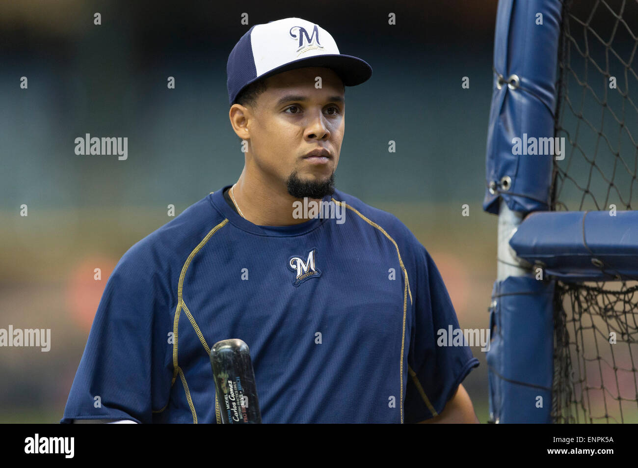 Milwaukee WI USA. 9th May 2015. Milwaukee Brewers center fielder Carlos Gomez 27 prior to start of the Major League Baseball game between the Milwaukee Brewers and the Chicago Cubs at Miller