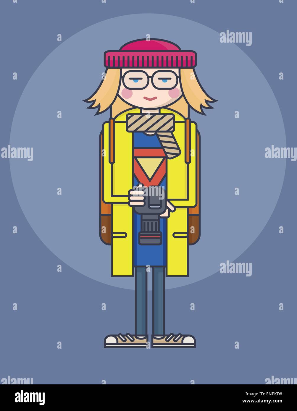 flat design line drawn girl in glasses and yellow coat holding photo camera smiling photograph illustarion Stock Vector