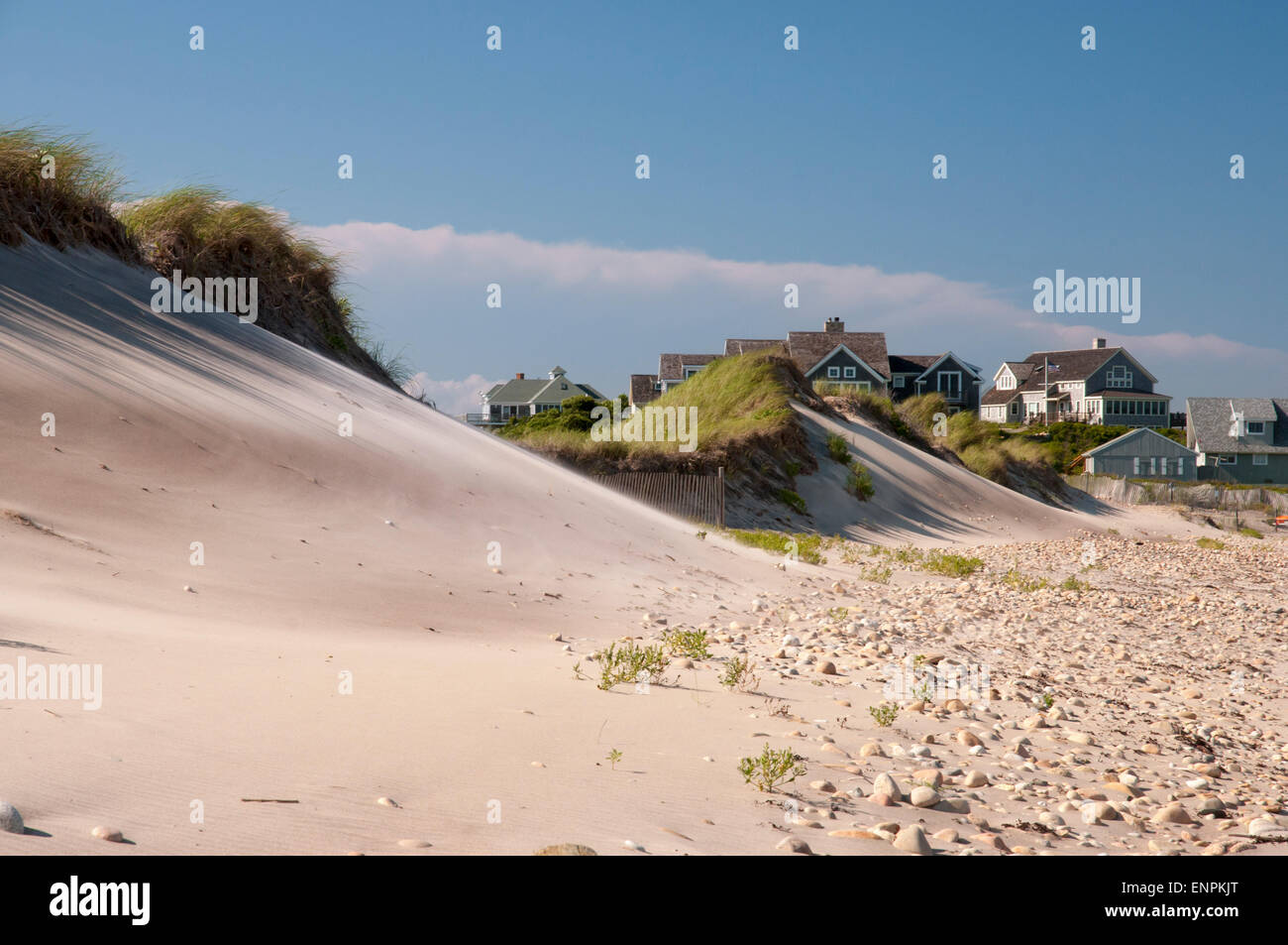 Sand Dunes and Houses on Block Island, Rhode Island Stock Photo