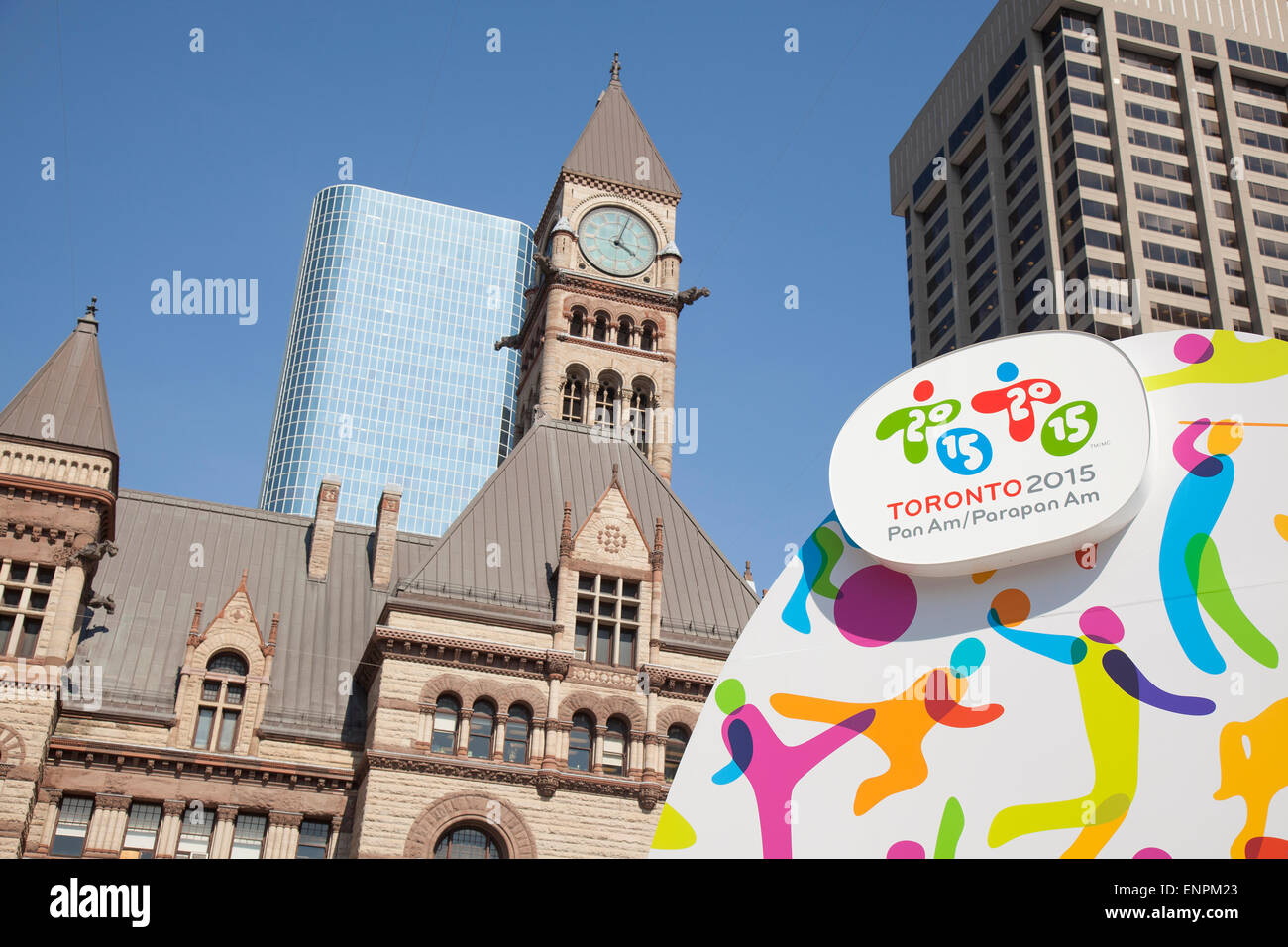 TORONTO - MAY 5, 2015: The sign advertising the 2015 Pan Am/ Parapan Am games located in Nathan Phillips Square, which is to be Stock Photo