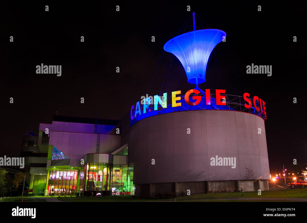 A nighttime view of he Carnegie Science Center, Pittsburgh, Pennsylvania. Stock Photo