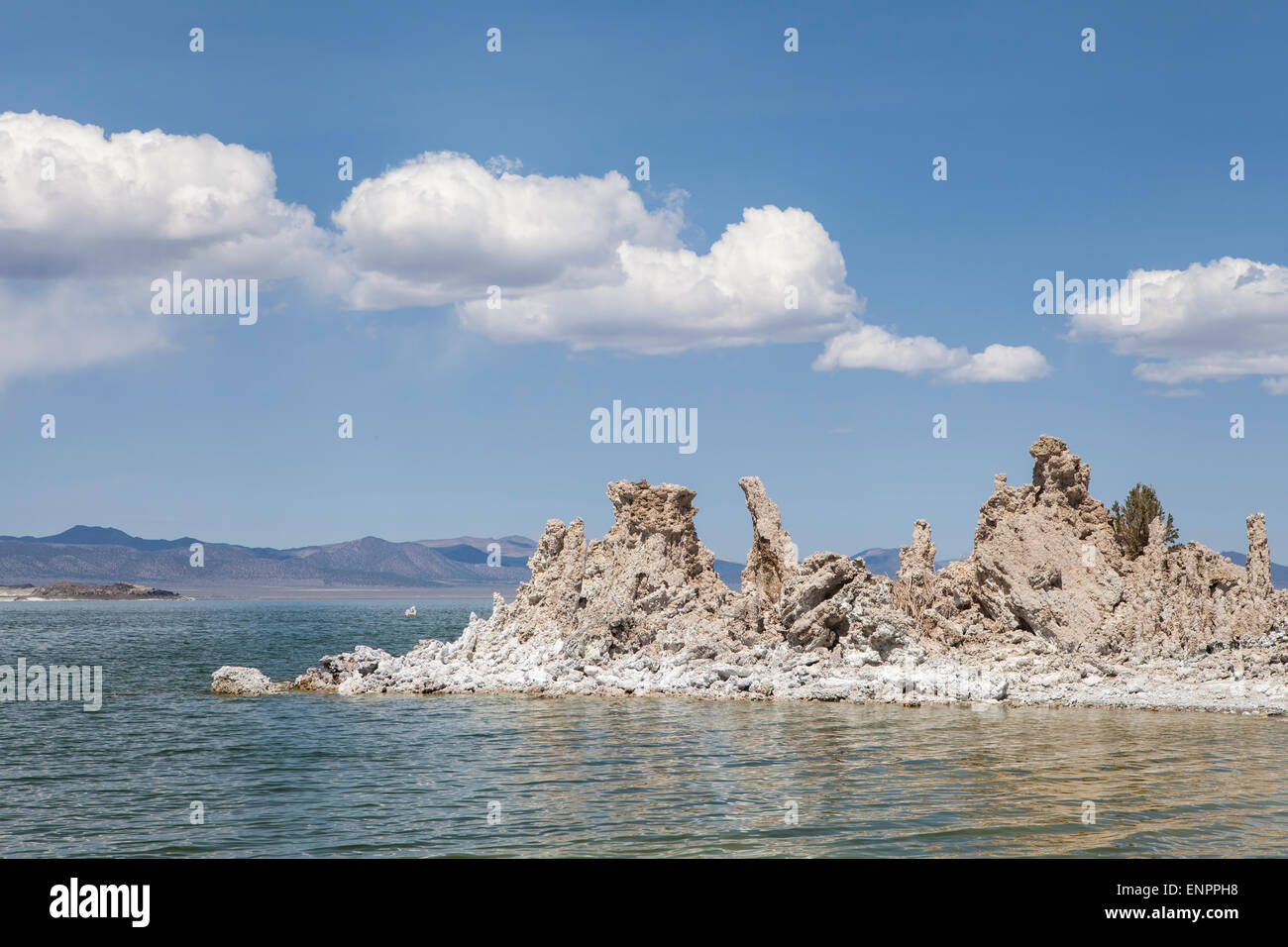 Mono Lake in California's high desert with tufa towers and puffy clouds. Stock Photo
