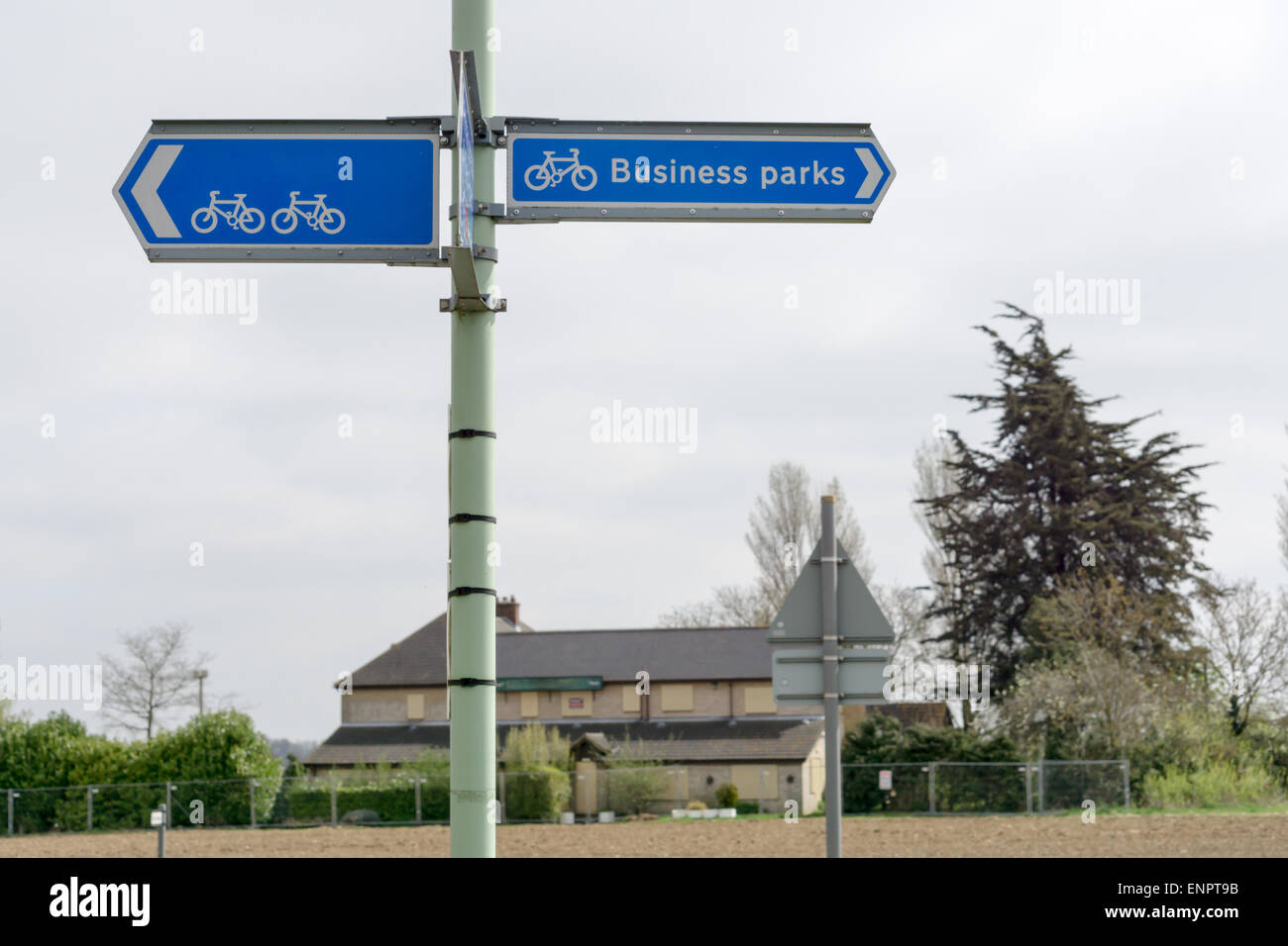 Sign for Business parks and cycle path in rural England Stock Photo