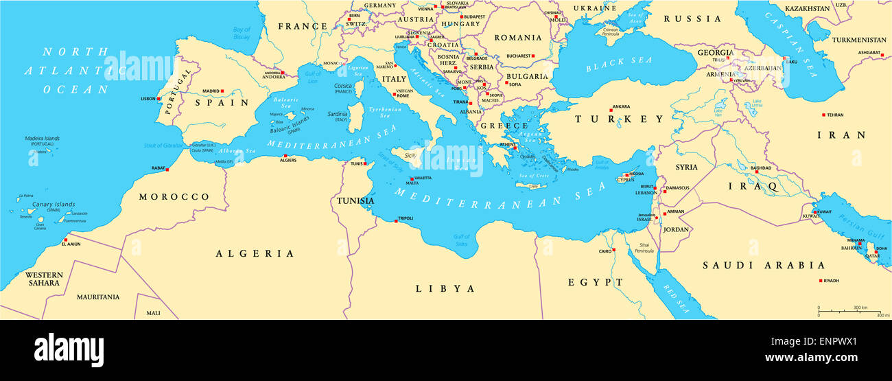 Mediterranean Basin Political Map Stock Photo