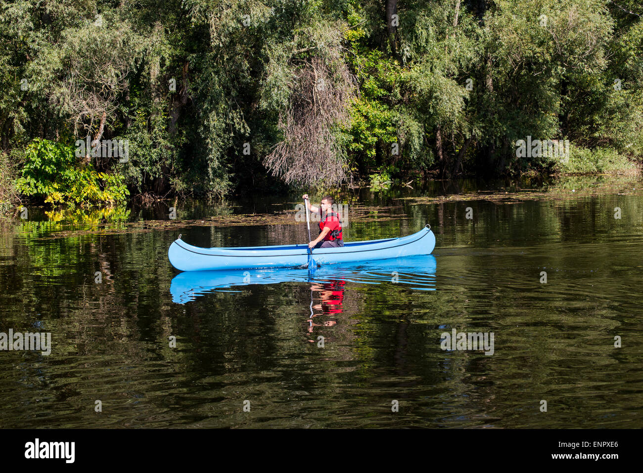 Young man in canoe Stock Photo - Alamy