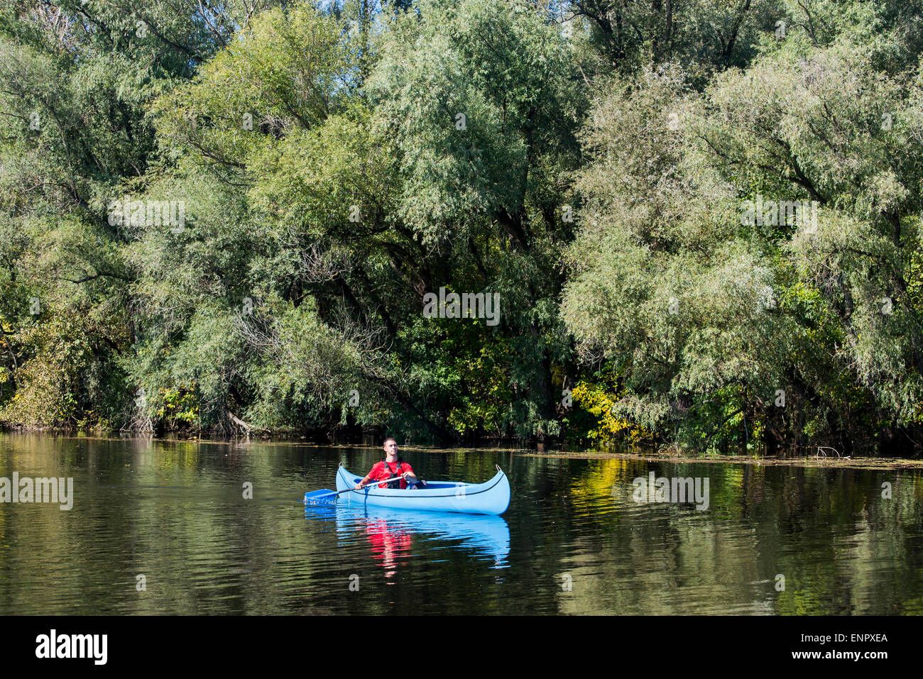 Young man in canoe Stock Photo - Alamy