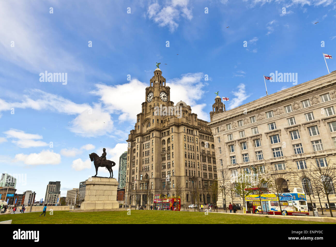 Liverpool Cityscape at the Pier Head in the city centre, part of the Liverpool Maritime  City UNESCO World Heritage Site. Stock Photo