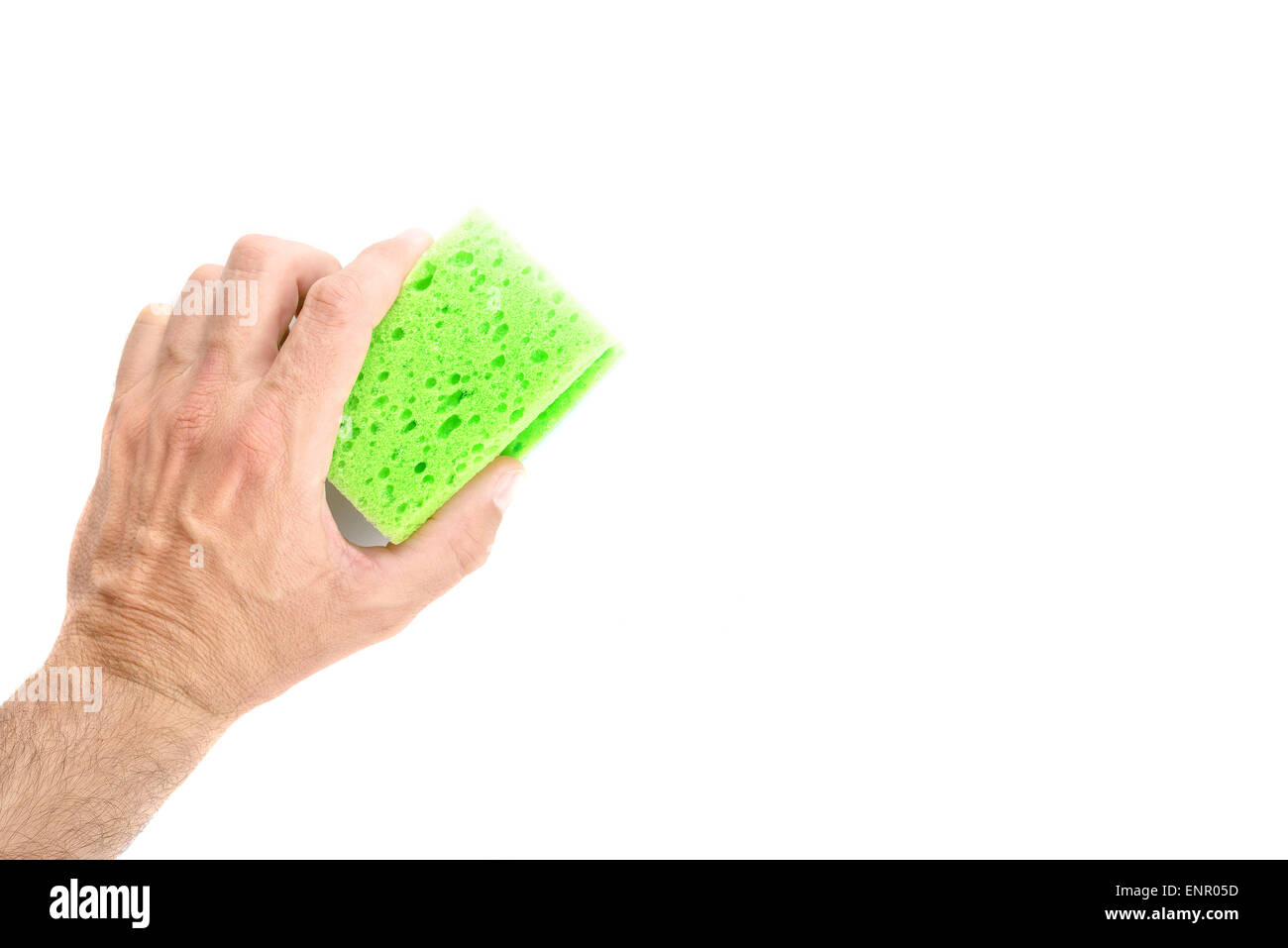 Caucasian Male Hand Holding Green Cleaning Sponge on White Background, Housekeeping Hygiene Concept with Blank Copy Space for Te Stock Photo