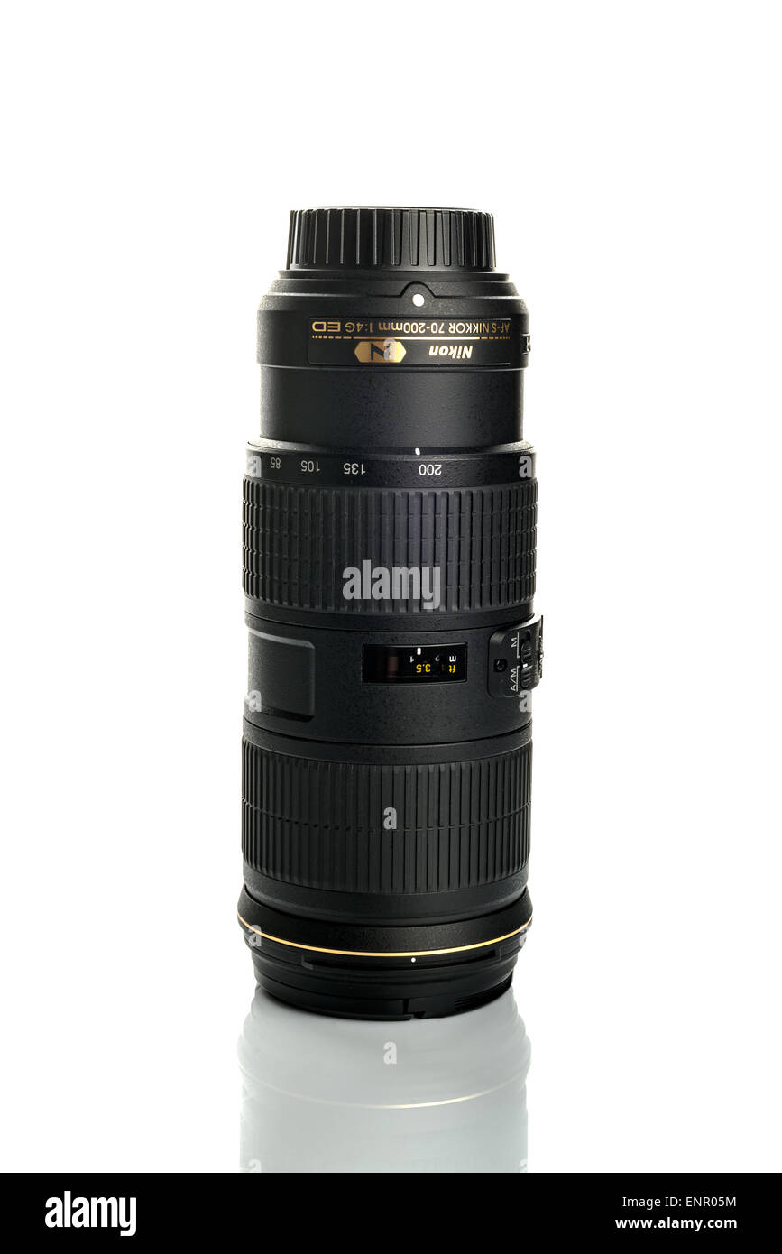 NOVI SAD, SERBIA - MAY 6, 2015: Nikkor Telephoto 70-200 mm f4 G Lens for Full Frame DSLR Nikon Cameras. Illustrative editorial. Stock Photo