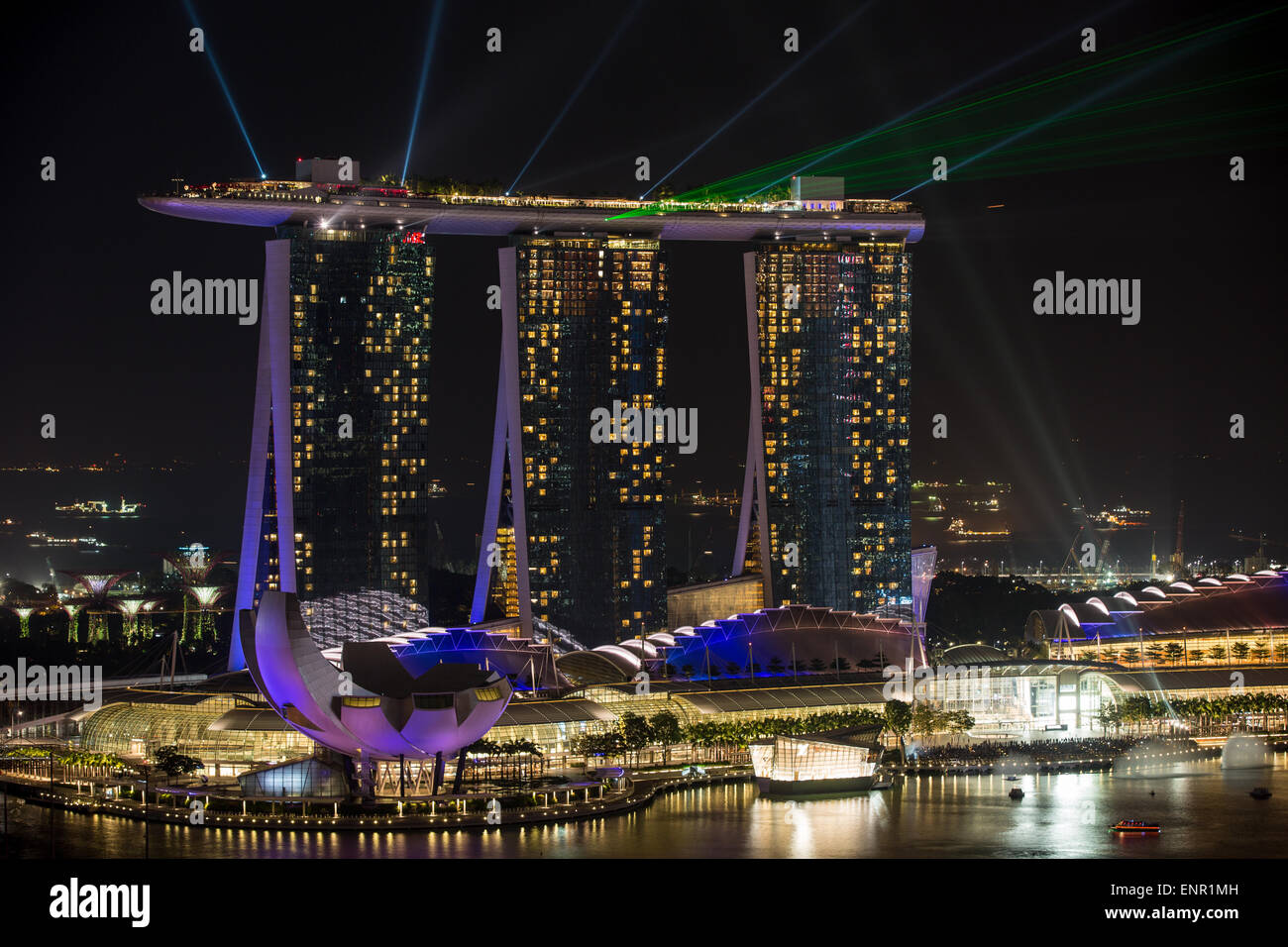 Daily light show at the Marina Bay Sands Hotel, Singapore. Stock Photo