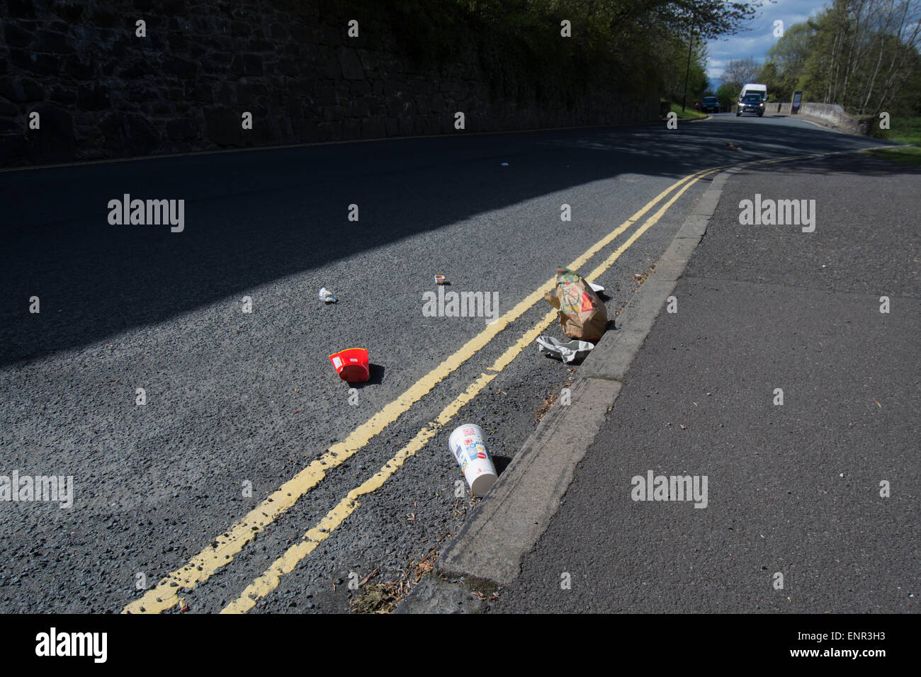 McDonald's fast food packaging dropped out of a car and left strewn by the side of the road Stock Photo