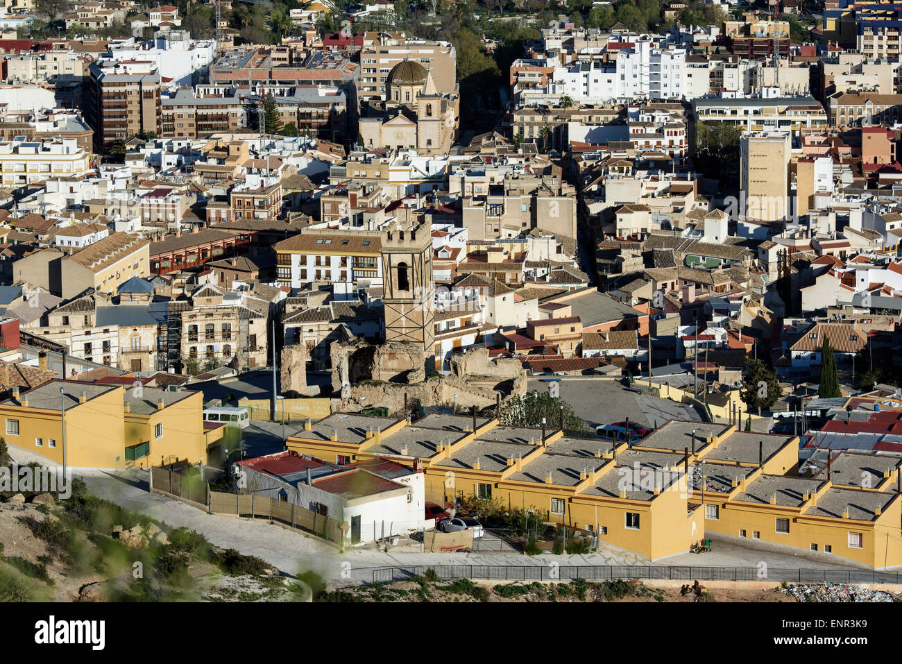 View from Castillo de Lorca  with San Mateo and Santa Maria (in front) in Lorca,  Province Murcia, Spain Stock Photo