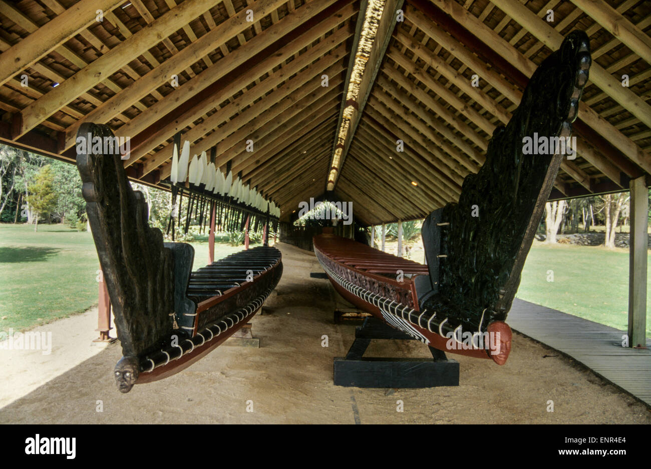 Waitangi War Canoes at Treaty House in 1997, New Zealand Stock Photo
