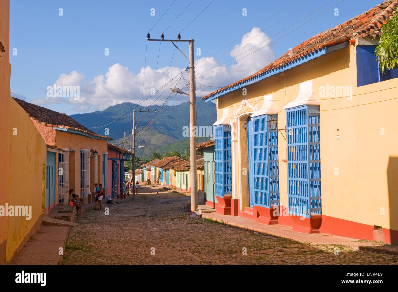 A cobbled street with colourful houses in Trinidad de Cuba, Cuba Stock Photo