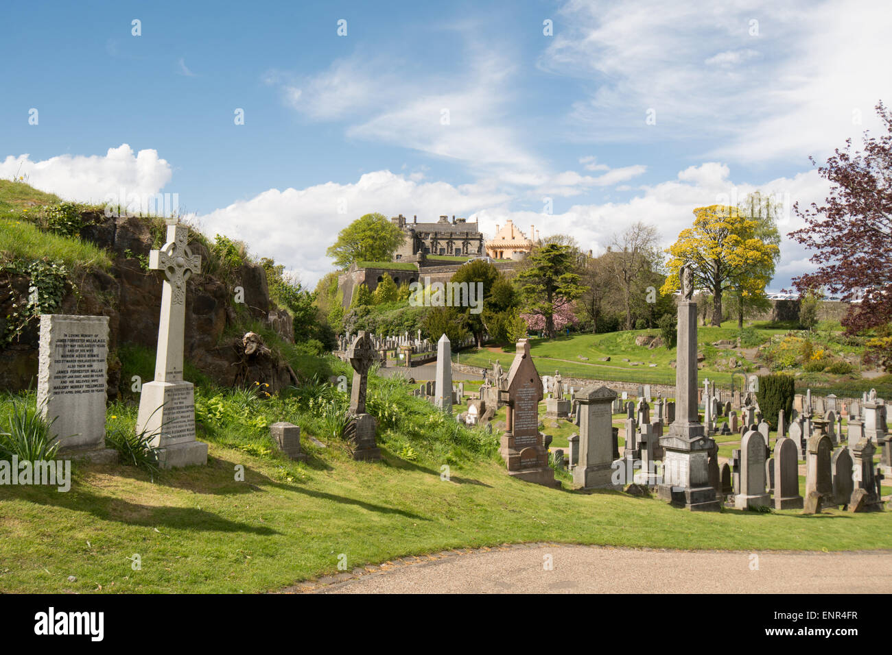 View of Stirling Castle from the Old Town Cemetery of the Church of the Holy Rude, Stirling in spring Stock Photo