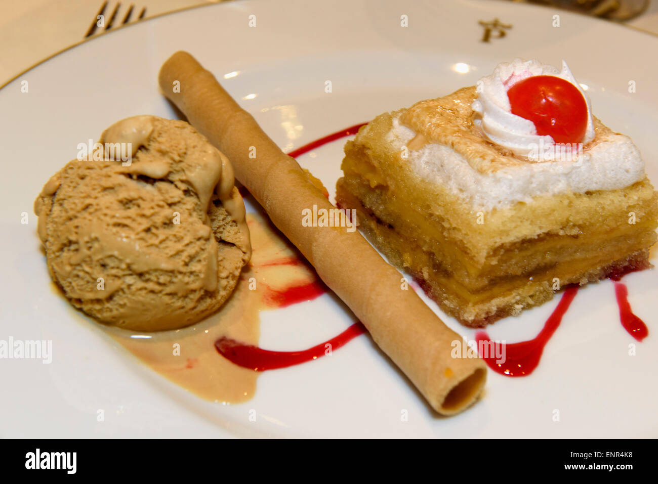 Dessert with icecream, cookie and sweet cake, province Murcia, Spain Stock Photo
