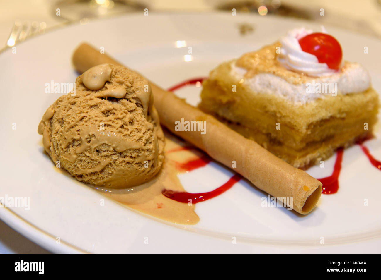 Dessert with icecream, cookie and sweet cake, province Murcia, Spain Stock Photo