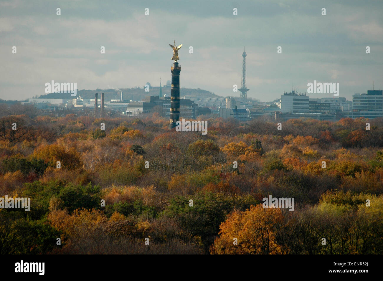 NOVEMBER 2005 - BERLIN: aerial view on the 'Siegessaeule' (Victory Column) and the Tiergarten, in the background the 'Funkturm', Berlin. Stock Photo