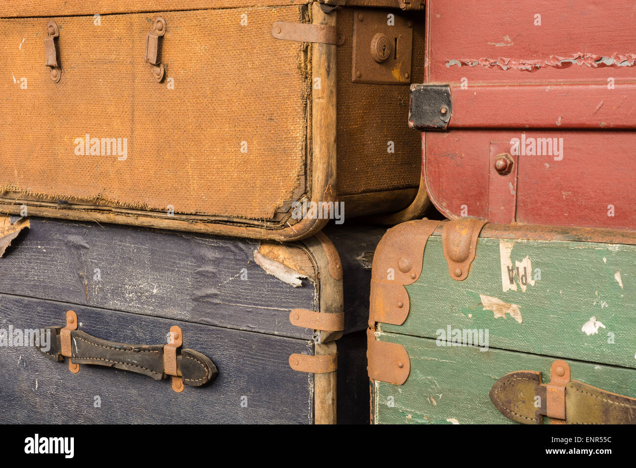 old suitcases on the platform at Bewdley station on the Severn Valley Railway, a heritage railway in England. Stock Photo