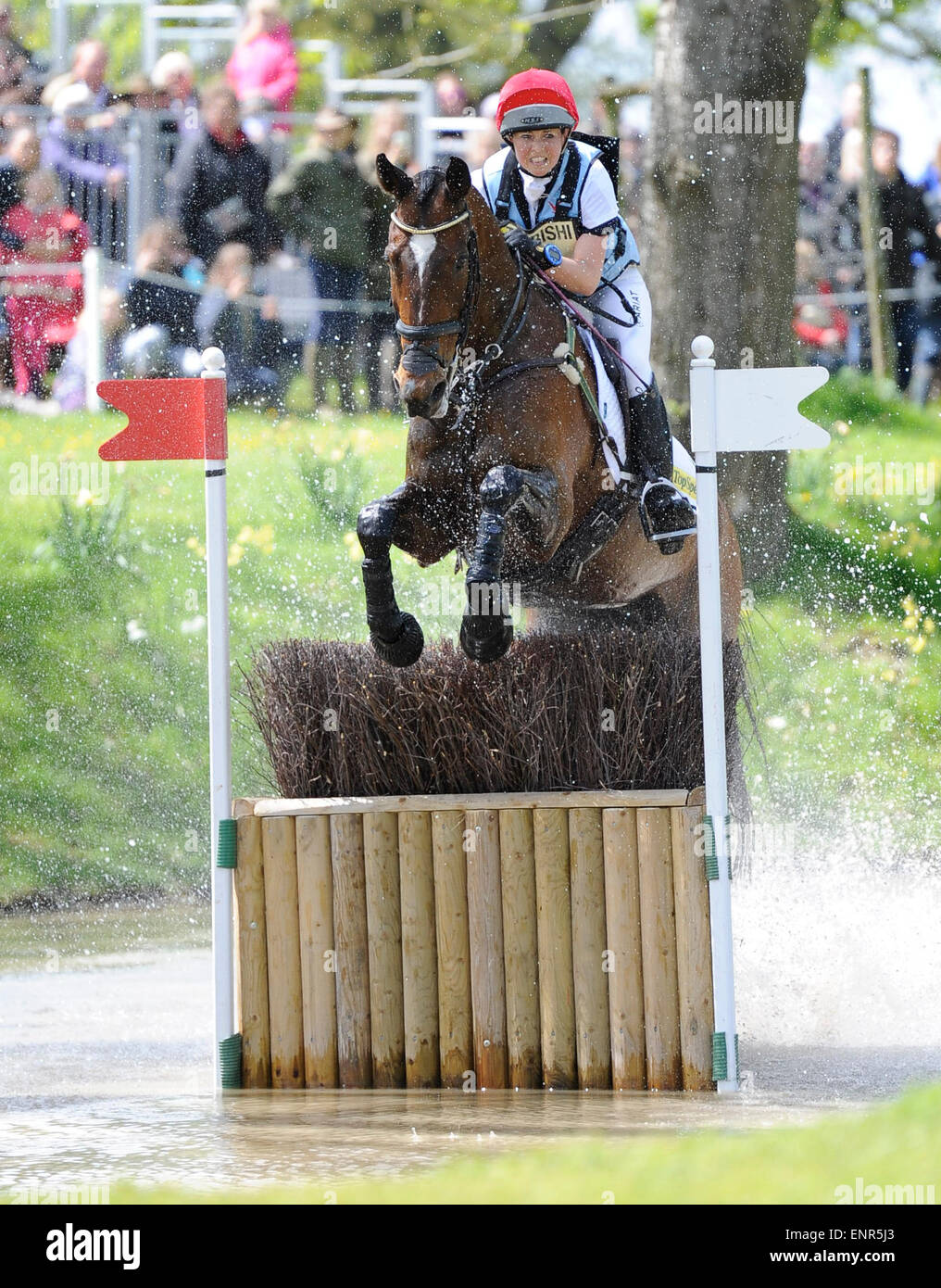 Badminton, Gloucestershire. 9th May, 2015.  Mitsubishi Motors Badminton Horse Trials 2015. Badminton, England. Rolex Grand Slam Event and part of the FEI  series 4star. Leaders from day 3 of 4 Charlotte Agnew (GBR) riding Out Of Africa Two during the Cross Country Phase Credit:  Julie Priestley/Alamy Live News Stock Photo