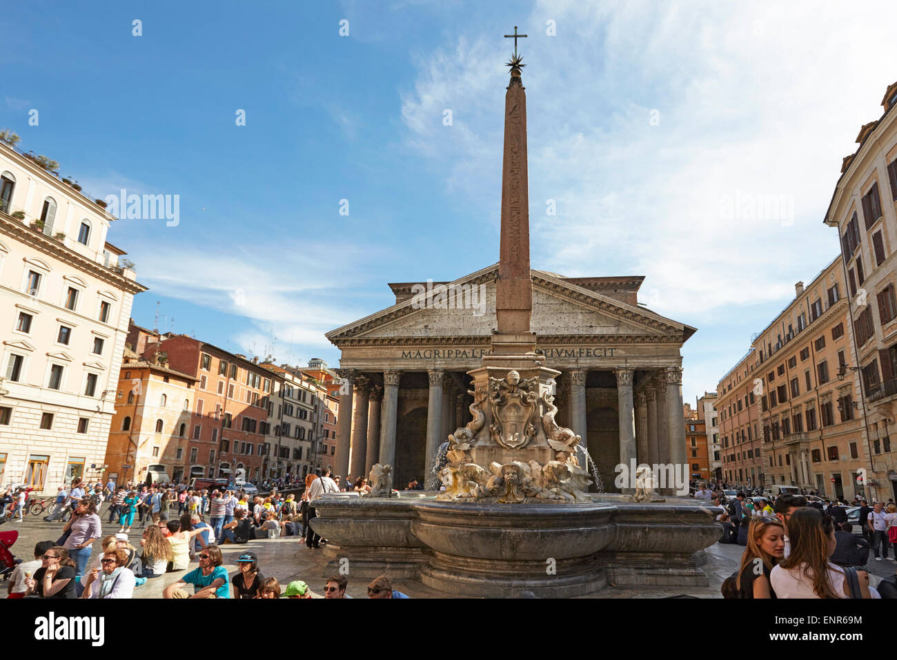 Rome The Piazza della Rotonda with the fountain Fontana del Pantheon and Egyptian obelisk in front of the Pantheon Stock Photo