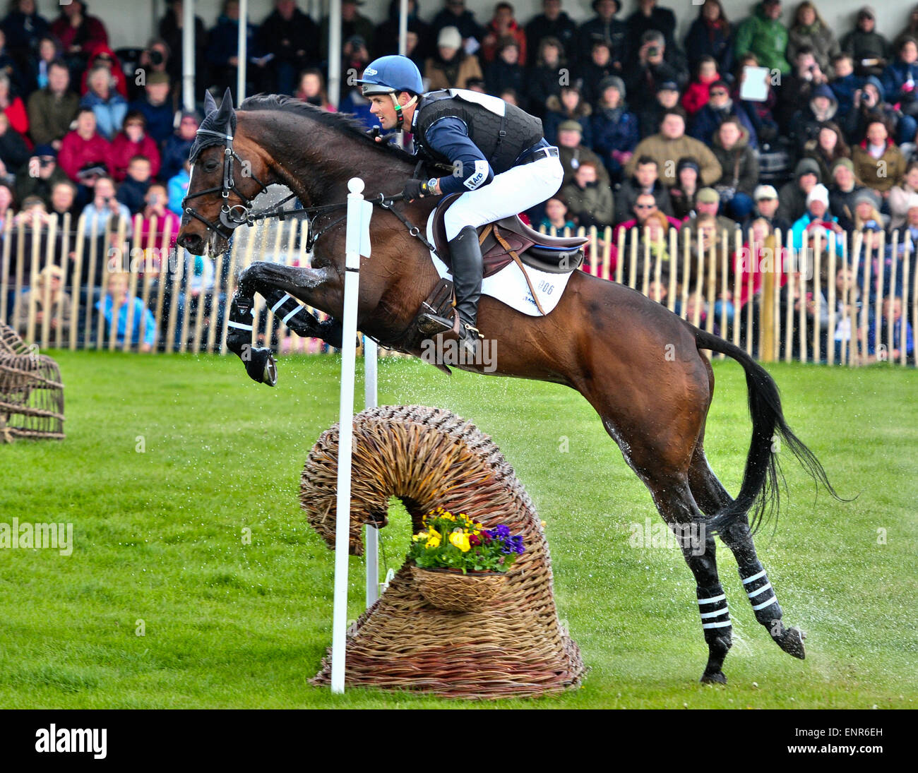 Jonathan Paget, riding Clifton Promise  at the water jump as part of the cross country event at the Mitsubishi Motors Badminton Horse Trials 2015, Badminton, Gloucestershire Stock Photo