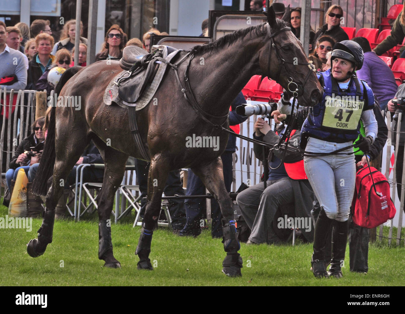 Going, Going Gone ... Kristina Cook, riding De Nova News falls at the water jump as part of the cross country event at the Mitsubishi Motors Badminton Horse Trials 2015, Badminton, Gloucestershire Stock Photo