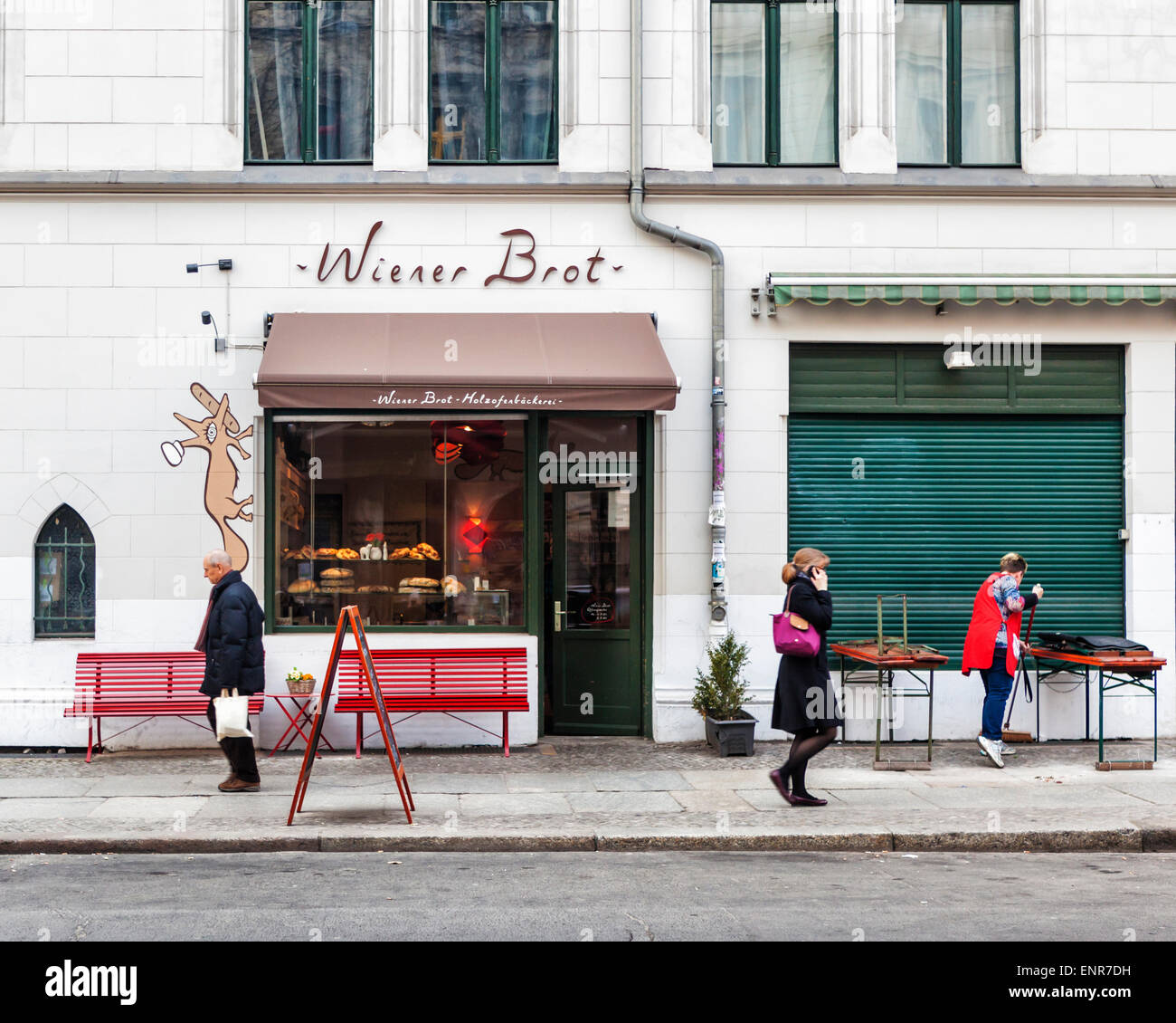 Wiener Brot, bakery shop exterior and display window with red benches on pavement, Tucholskystrasse, Berlin Stock Photo