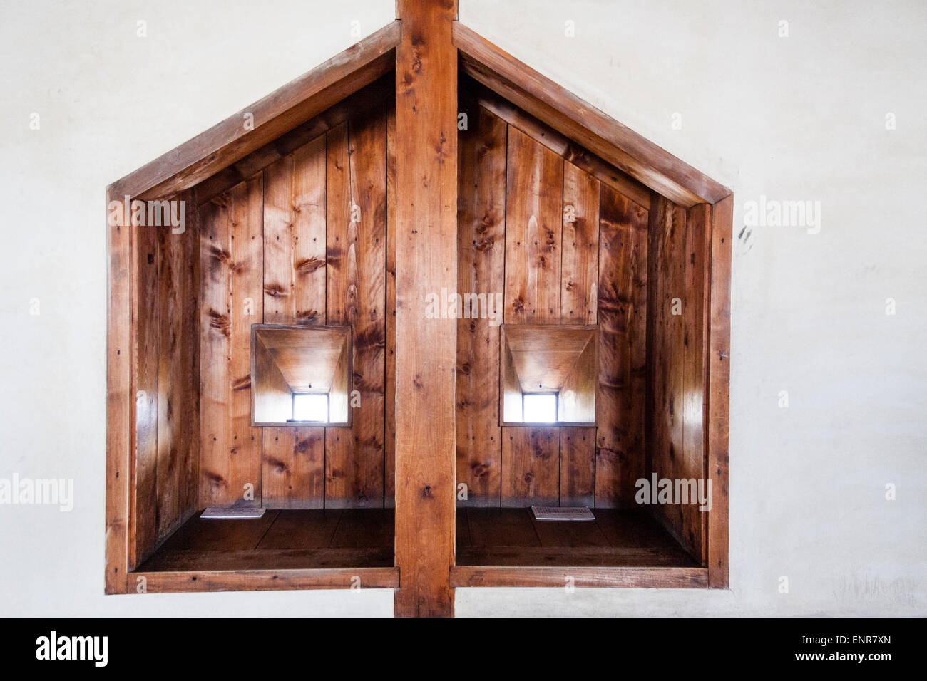 Japan, Iyo Matsuyama castle. Double gun port, sama, in wall of keep. Wooden frame with two ports side by side. Stock Photo