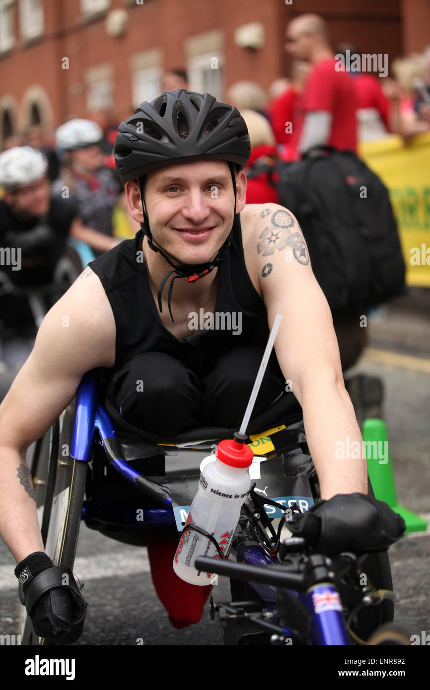 Manchester, UK. Sunday 10 May 2015. The city hosted the Morrison's Great Manchester Run in the heart of the city centre. Wheelchair racer, Stephen Lightbrown, prior to the start of the event Credit:  Michael Buddle/Alamy Live News Stock Photo