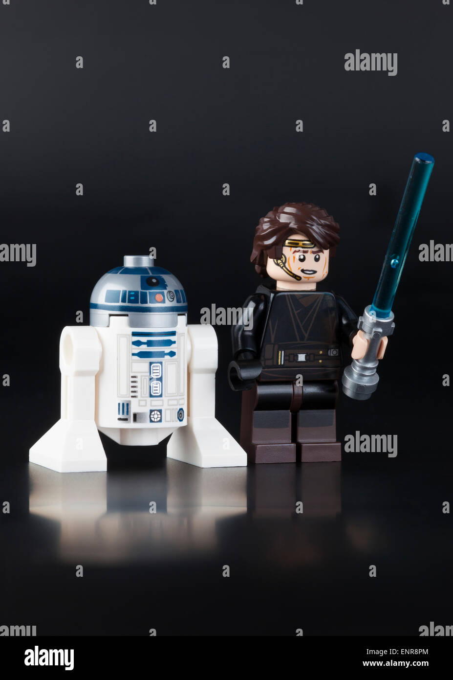Tambov, Russian Federation - June 21, 2014 LEGO Star wars R2-D2 and LEGO Anakin Skywalker minifigures on black background. Stock Photo