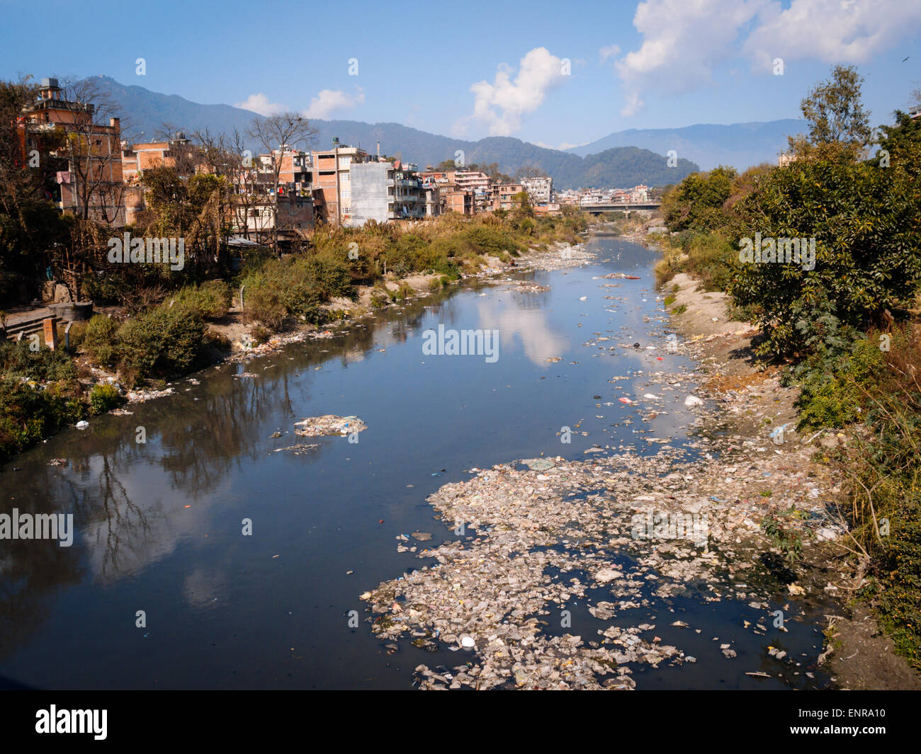Heavily polluted Bagmati River in Kathmandu, Nepal Stock Photo