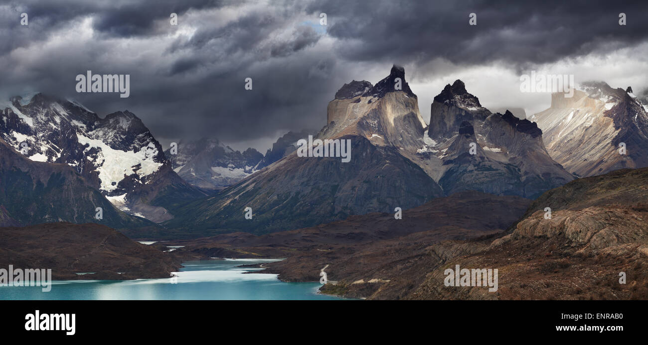 Torres del Paine National Park, Lake Pehoe and Cuernos mountains, Patagonia, Chile Stock Photo