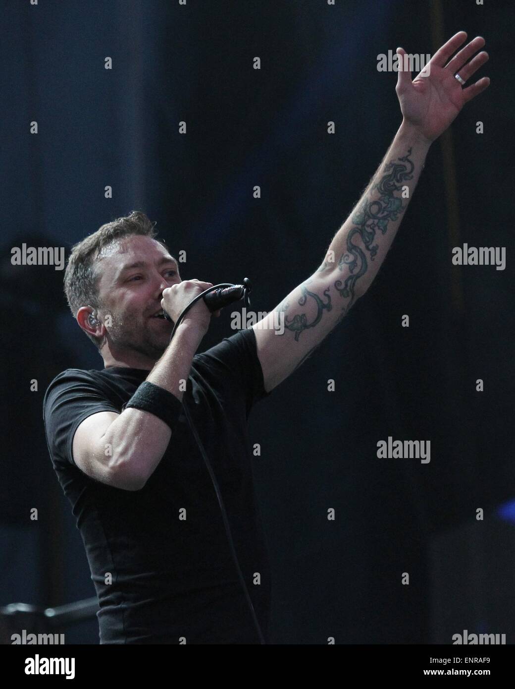 Las Vegas, NV, USA. 9th May, 2015. Tim McIlrath of Rise Against on stage for Rock in Rio USA 2015 - SAT, City of Rock, Las Vegas, NV May 9, 2015. Credit:  James Atoa/Everett Collection/Alamy Live News Stock Photo