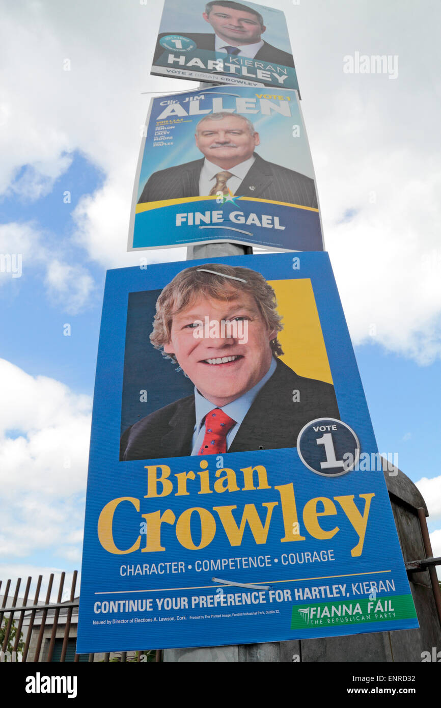 Election poster on a lamp post in Wexford Town, County Wexford, Eire, a common sight in Irish towns during elections. Stock Photo