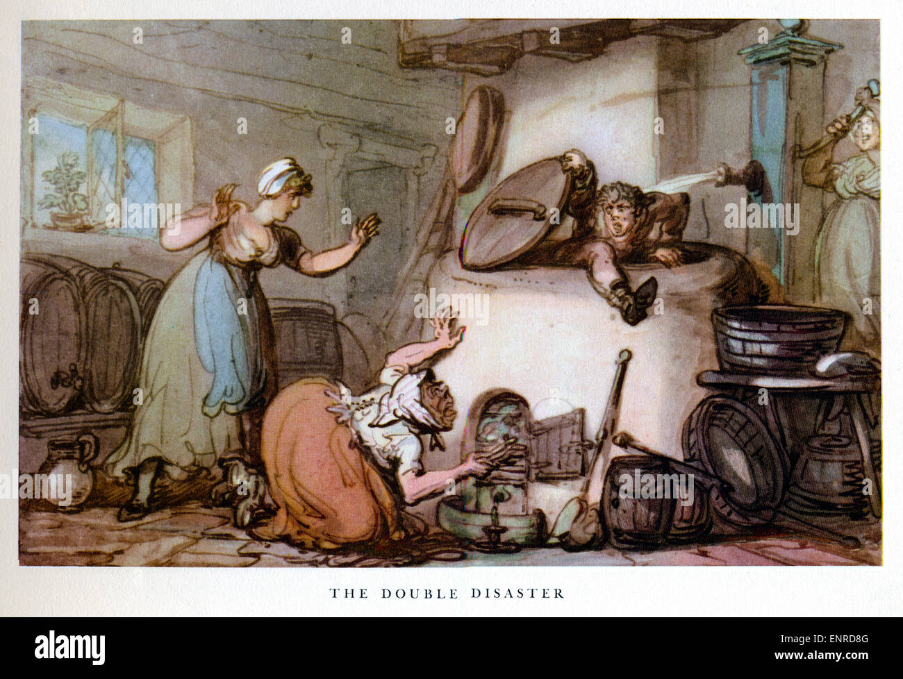 Rowlandson, The Double Disaster, as the beau of the maid is forced out of his hiding place in the kitchen boiler Stock Photo