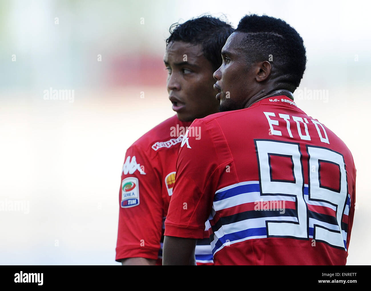 Udine, Italy. 10th May, 2015.  Sampdoria's forward Fils Samuel Eto'o (R) and Sampdoria's forward Fruto Luis Fernando Muriel (L) during the Italian Serie A football match between Udinese and Sampdoria on May 10, 2015, at Friuli Stadium. Credit:  Simone Ferraro / Alamy Live News Stock Photo