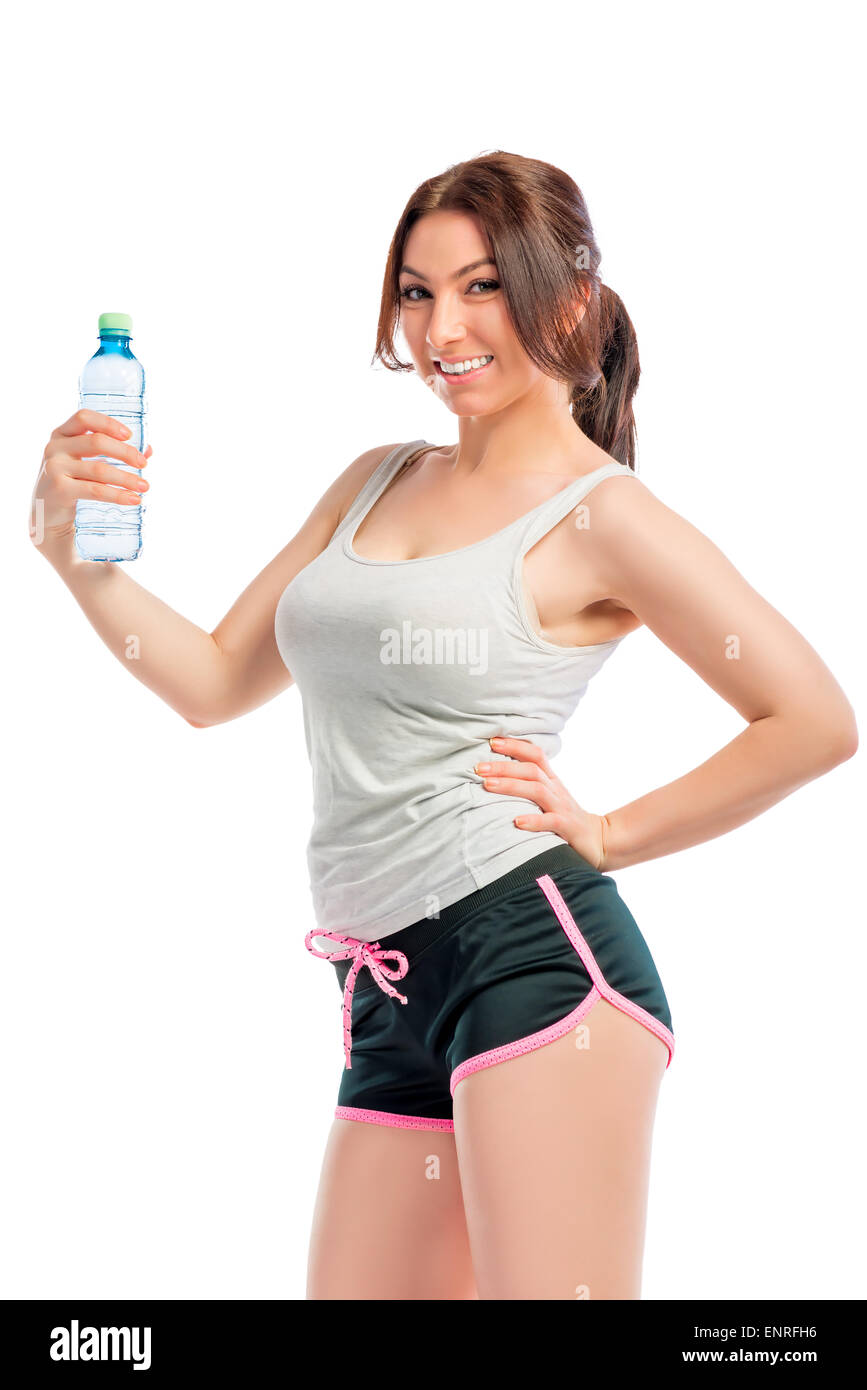 happy sportswoman with a bottle of pure water Stock Photo - Alamy