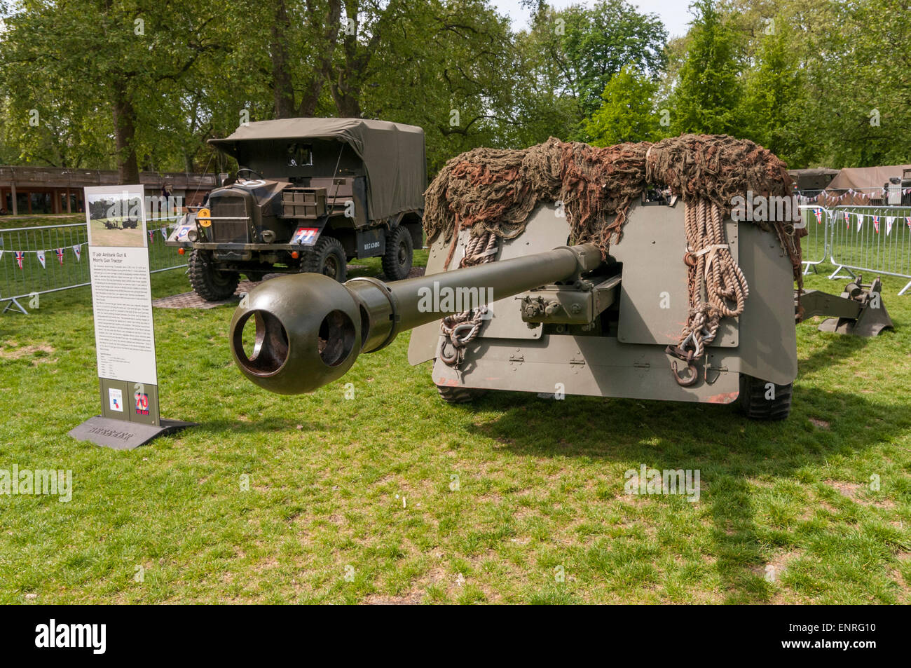 London, UK. 10 May 2015. A 17 pounder antitank gun and Morris gun tractor are two of the items on display to the public in a special exhibition of wartime hardware in St. James's Park which was part of the capital's VE Day 70th anniversary celebrations. Credit:  Stephen Chung / Alamy Live News Stock Photo
