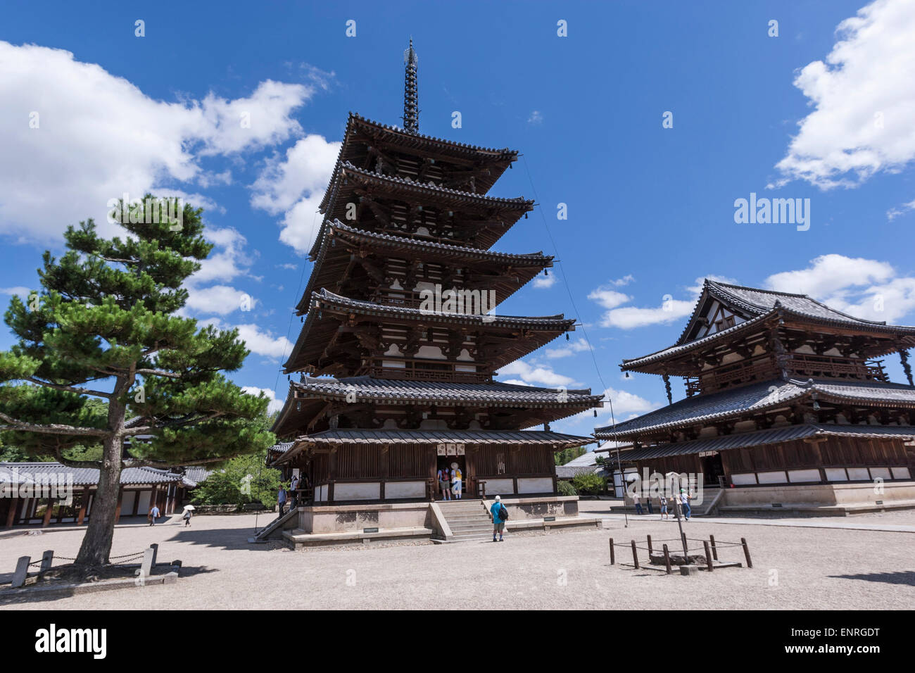 Kondō and pagod in Hōryū-ji Ikaruga, Nara Prefecture, Stock Photo