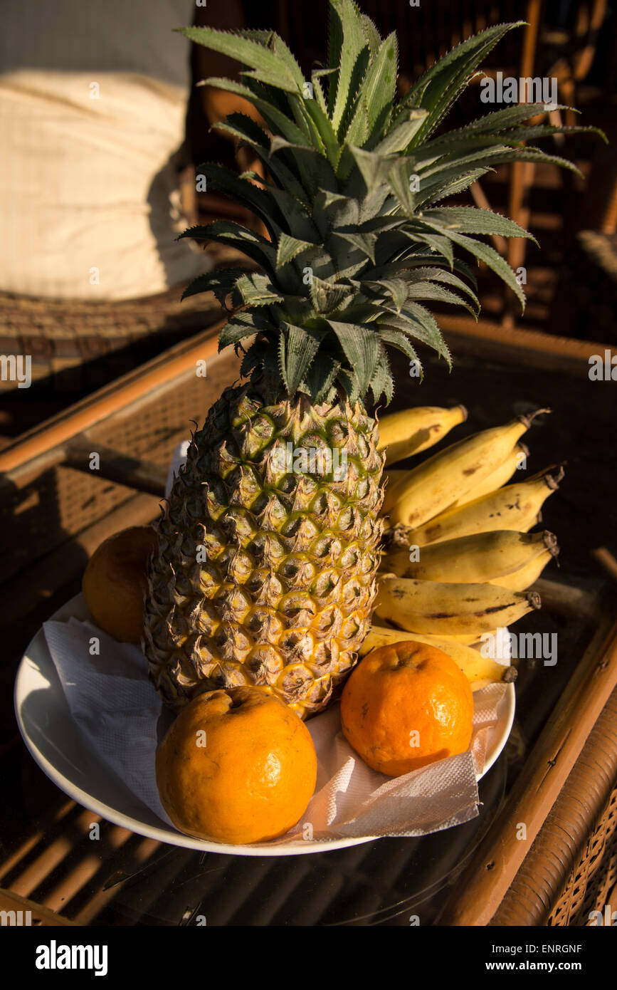 Mixed fresh fruit of a pineapple, Mandarin oranges and small bananas, all grown in the State of Kerala. This dish of fruit  is Stock Photo