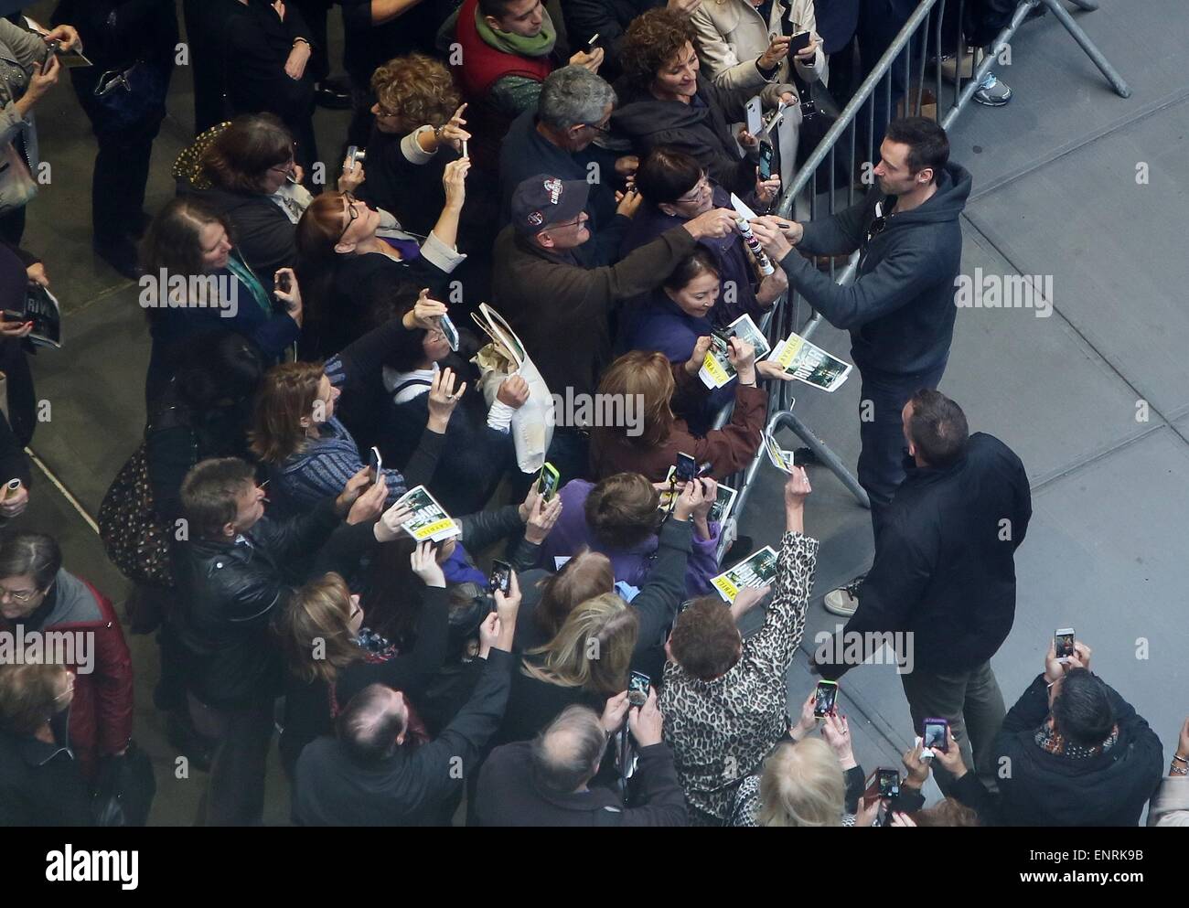 Hugh Jackman greets fans after the Broadway matinee of his new show 'The River' at the Circle in the Square Theatre  Featuring: Hugh Jackman Where: New York City, New York, United States When: 05 Nov 2014 Stock Photo